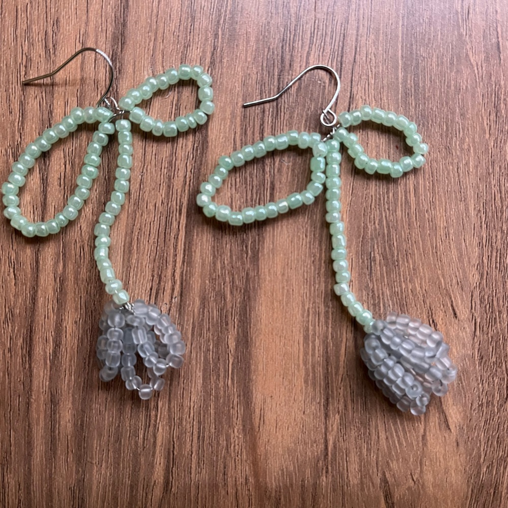 Beaded Mint Green Bow Drop Earrings with Gray Tassels